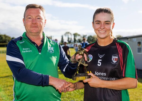 Muinebheag’s Katie Tunstead receives the Intermediate Camogie final ‘Player of the Match’ award Photo: © Michael O’Rourke Photography Muinebheag’s Katie Tunstead receives the Intermediate Camogie final ‘Player of the Match’ award Photo: © Michael O’Rourke Photography