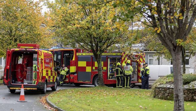 <p>Carlow fire services and gardaí attend the scene of the fire in Mount Leinster Park Carlow.</p>