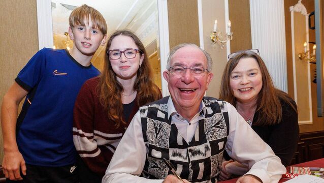 <p>Quizmaster Bernard Jennings with Bridgett O'Shea and helpers Jasmin O'Shea-Rush and Finn Murphy</p>
