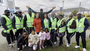 <p>Celebrating Nigeria's 65th Independence Day anniversary members of the Nigerian Carlow Community in partnership with the Carlow Tidy Towns came to together to take part in a clean-up around Carlow Town, also shown is cllr Andrea Dalton</p>