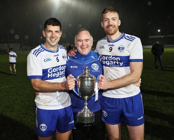 Henry Hegarty and Grange captain Patrick Hickey with Tommy Dillon after the Talbot Hotel IFC final replay. All Photos:  Henry Hegarty and Grange captain Patrick Hickey with Tommy Dillon after the Talbot Hotel IFC final replay. All Photos: