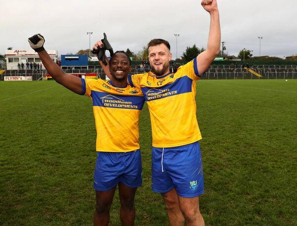 Great scenes at full time in Netwatch Cullen Park as Mubat Mudawapi and Nark Sherratt celebrate St Patrick's' title-clinching win.  Great scenes at full time in Netwatch Cullen Park as Mubat Mudawapi and Nark Sherratt celebrate St Patrick's' title-clinching win.