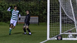 <p>Killeshin's Xoli Stafford celebrates after his header beat the St Partick's goalkeeper Jamie Wall. Photo: Thomas Nolan.</p> <p>Killeshin's Xoli Stafford celebrates after his header beat the St Partick's goalkeeper Jamie Wall. Photo: Thomas Nolan.</p>