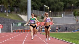 <p>Bronwyn MacDonald heading for the finish line in the European Masters 800m in Madeira, Portugal where she brought home silver. Photo: European Masters</p>