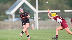 <p>Mount Leinster Rangers' top scorer on the day, Roisín Joyce, gets a shot away while Muireann Doyle, minus her hurl, tries to block</p>