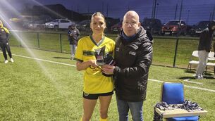 <p>Jasmine Doyle receiving her player of the match award from Andrew McGouran from the LOI Department in the FAI</p> <p>Jasmine Doyle receiving her player of the match award from Andrew McGouran from the LOI Department in the FAI</p>