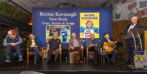 Richie Kavanagh on stage with special guests Eimear Ní Bhraonáin, Tony Keogh and Michael Moriarty sitting between Foster and Allen and master of ceremonies James Lakes during his book launch in the Arboretum, Leighlinbridge 