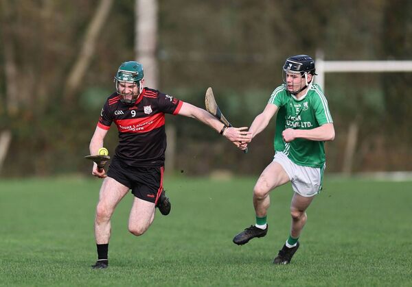 Jack Griffith (Mount Leinster Rangers) solos past the chasing Conor Ryan of Naomh Moling.
