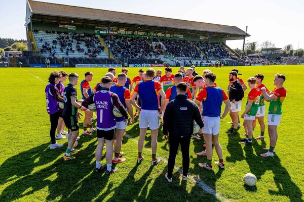 Murphy and the Carlow team in a huddle before his first game in charge, against Meath in the Leinster Championship at Pairc Tailteann, Navan Photo: ©INPHO/Morgan Treacy