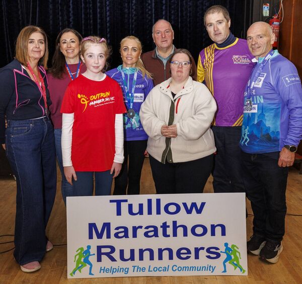 Tullow Marathon Runners presented cheques to local charities and clubs in the Murphy Memorial Hall, Tullow. Pictured are Mary Behan, Grainne Aylmer, Caitlin Doyle, Nikki Butler, Noel Dowling, Jane Dowling, Patrick Doyle and Brendan Dowling Tullow Marathon Runners presented cheques to local charities and clubs in the Murphy Memorial Hall, Tullow. Pictured are Mary Behan, Grainne Aylmer, Caitlin Doyle, Nikki Butler, Noel Dowling, Jane Dowling, Patrick Doyle and Brendan Dowling