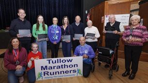 <p>Nikki Butler, third left, on behalf of the Tullow Marathon Runners presented ‘Inspirational Awards’ to members of Tullow community. Shown are Myles Balfe, Hannah Cody, Mary Behan, Joe Smithers, Mary Walsh, Ger Whelan and Violet Stanley. Front: Grainne Aylmer, Caitlin Doyle and Brendan Dowling Photo: Michael O’Rourke</p> <p>Nikki Butler, third left, on behalf of the Tullow Marathon Runners presented ‘Inspirational Awards’ to members of Tullow community. Shown are Myles Balfe, Hannah Cody, Mary Behan, Joe Smithers, Mary Walsh, Ger Whelan and Violet Stanley. Front: Grainne Aylmer, Caitlin Doyle and Brendan Dowling Photo: Michael O’Rourke</p>