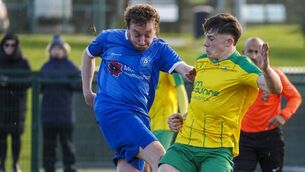 <p>Bagenalstown’s Roy O’Neill has his shot blocked by Crettyard defender Fionnan Brennan. Pic:© Michael O'Rourke Photography 2025</p>