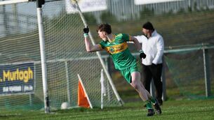<p>Aaron Dowling celebrates his goal for Fighting Cocks against St Brigids Killashee in the AIB Leinstr Club JFC Semi-Final.</p>