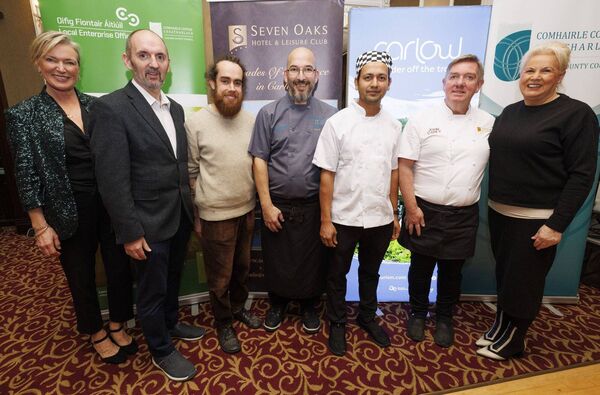 Celebrity chef Rachel Allen with Kieran Comerford, Carlow County Council, Cian Waters from Waterlilies Restaurant, Caolán Prendergast from Woodford Dolmen Hotel, Jamiul Alam, New Moon Indian Restaurant, John Carey, Seven Oaks Hotel and Minister of State Jennifer Murnane O'Connor Celebrity chef Rachel Allen with Kieran Comerford, Carlow County Council, Cian Waters from Waterlilies Restaurant, Caolán Prendergast from Woodford Dolmen Hotel, Jamiul Alam, New Moon Indian Restaurant, John Carey, Seven Oaks Hotel and Minister of State Jennifer Murnane O'Connor