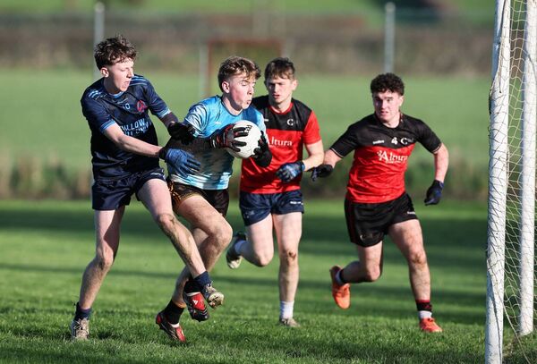 Creagh College goalkeeper Christopher Besancon comes under pressure from Adam Cleary from Tullow CS
