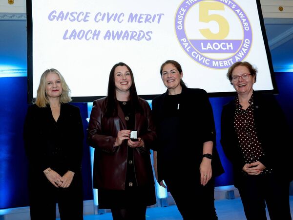 Gaisce chairperson Áine Kerr, Raissa Smyth, Gaisce PAL at Tullow Community School, Fiona Coghlan, Irish rugby international, and Avril Ryan, Gaisce CEO, presenting an award to Raissa for five years of active service as a Gaisce President's Award Leader Gaisce chairperson Áine Kerr, Raissa Smyth, Gaisce PAL at Tullow Community School, Fiona Coghlan, Irish rugby international, and Avril Ryan, Gaisce CEO, presenting an award to Raissa for five years of active service as a Gaisce President's Award Leader