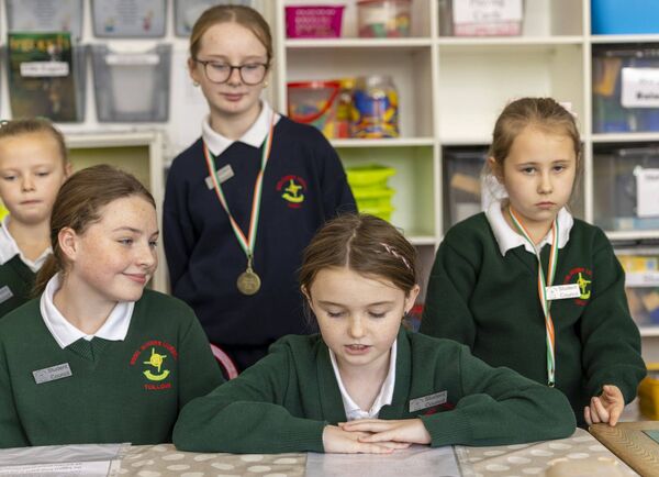 Kate Kelly, a member of the student council in Scoil Mhuire Lourdes NS in Tullow, speaks to minister Michael Moynihan