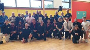 <p>Brian Whelan with students and members of the Carlow Martial Arts Sanctuary</p>
