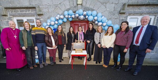 Pictured at the St. Columba's NS 200th anniversary celebration in Tullow were, Right Reverend Adrian Wilkinson (Bishop of Cashel, Ferns &amp; Ossory), Michelle Hunter-Garland (principal), Rachael Gough (deputy principal), Neville Caldbeck (chairperson Board of Management) and staff. Pic: © Michael O’Rourke Photography