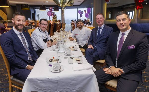 Daniel McCarthy, left, general manager and executive head chef Nigel Clooney with chef Sergio Holguin, Philip Gavin, managing director The Talbot Collection and Dusan Mrksic, deputy general manager Talbot Hotel, Carlow