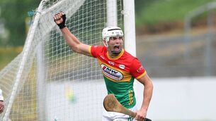 <p>Paddy Boland celebrates a goal against Laois in the Joe McDonagh Cup but that game finished in crushing disappointment for Carlow Photo: Pat Ahern</p>
