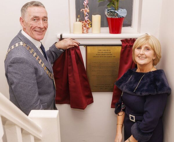 Mayor of Carlow Paul Doogue and Anne Kirwan-Finn, director of services at the Carlow and South Leinster Rape Crisis Centre, unveil a plaque during the 30th anniversary celebrations Mayor of Carlow Paul Doogue and Anne Kirwan-Finn, director of services at the Carlow and South Leinster Rape Crisis Centre, unveil a plaque during the 30th anniversary celebrations