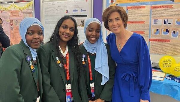 Liela Abdallah, Amala Roney and Lojain Abdallah, with Minister for Education Hildegarde Naughton.  