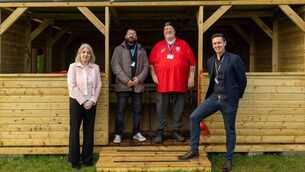 <p>School principal Celina Dempsey with Almothanna Adandeh, Frank Morris from Tullow Men's Shed and SETU lecturer, John Balfe </p>