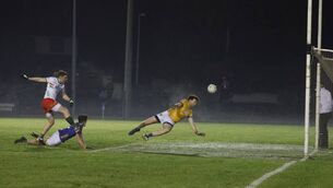 <p>Liam Gavin fires home Carlow's opening goal in the O'Byrne Shield win over Wicklow in SETU Carlow Photo: Michael O'Rourke</p>