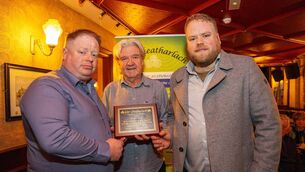 <p>James and David Rath accepted the Glór Cheatharlach posthumous award from Dave Sheridan in recognition of the support that their late father Willie Rath gave to Irish in Carlow</p>