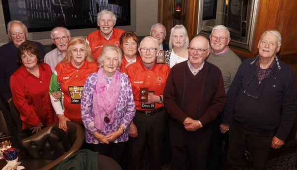 The Bennekerry and District Active Retired indoor bowling team who were runners-up in the All-Ireland final in Killarney pictured with fellow members of the active retired group during their celebration evening in the Dinn Ri in Carlow. Also shown is Mai Quaid, national president of Active Retired Ireland