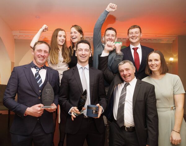 Patrick Mullins )Carlow Sportsperson Of the Year) with members of the Closutton team - Dick Dowling, David Porter, Aimee Morrissey, Katie Murphy, Mark Rapple, Donal Redmond and Mary-Claire Dowling Pic:© Michael O'Rourke Photography 2026