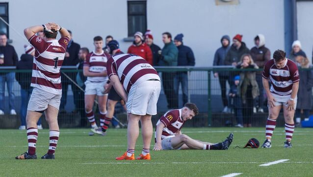 <p>Tullow players show their frustration at the final whistle after their draw with Wicklow in the Leinster League Division 1A match in Tullow Photo: © Michael O'Rourke Photography 2026</p>