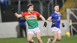 <p>Carlow's Conor Crowley hits the woodwork against Wicklow. Photo: Pat Ahern.</p>