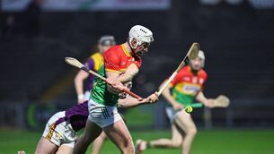 <p>Fiachra Fitzpatrick scores a first half goal for Carlow during the defeat to Wexford Photo: Pat Ahern</p>