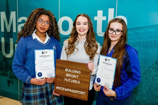 Tatiana Leonard, teacher Sarah Stafford and Robyn Murphy from Tyndall College, Carlow at the STEM Passport for Inclusion graduation in Maynooth University