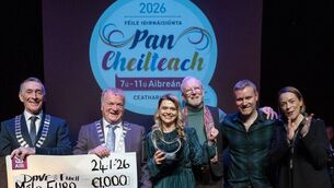 <p>Dave Barron, composer of Dúlra Scriosta with performers Clara Hutchinson and Fiach Ó Muircheartaigh being presented with first prize at the Pan Celtic Song Contest by Sophie Ford from IMRO, right, and Mayor of Carlow, Paul Doogue and ceatharlach of the council, Ken Murnane on the left </p>