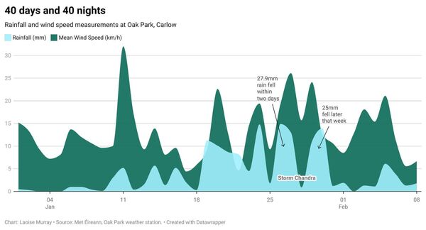 Rain and wind measured in Oak Park over the last 40 days