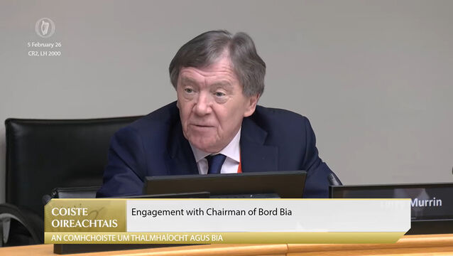 <p>Bord Bia chairman Larry Murrin appearing before the Oireachtas Agriculture Committee amid calls for his resignation. Photo: Oireachtas TV/PA Wire </p>