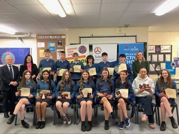 Junior Cycle Award recipients. Back row, from left: principal Noel Murphy, deputy principal Treana Carey, Sean Sheppard, Arthur Olech, Ronan Cosse, Benjamin Luke Denton, Conan Mulvihill, deputy principal Clare Hayes. Front row: Alannah McCarthy, Saipresha Paraneetharan, Katelyn Dempsey, Katie Kelly, Orla Nolan,Sarah Aughney, Erika O'Grady and Layla Murphy