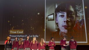 <p>Transition year students from Presentation de la Salle College in Bagenalstown introduce their film 'True Cost' at the Rubbish Film Festival in Visual last week Photos: Michael O'Rourke Photography</p>