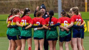 <p>Carlow manager Ed Burke delivers a few final words before sending his side out to face Derry at the SETU Carloe South Campus. All Photos: Michael O'Rourke.</p>