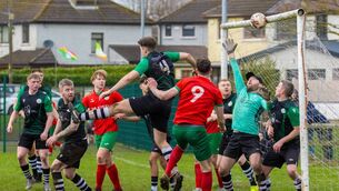 <p>St. Patrick’s Callum Warfield (9) sees his superb header rebound off the crossbar Photo: © Michael O'Rourke Photography 2026</p>