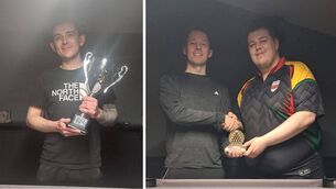 <p>Carlow Cup winner Dave McNally (left) and Shield winner Dave Earle (far right) receiving his trophy from Carlow Pool secretary Billy Cummins. Photos: Carlow Pool.</p>