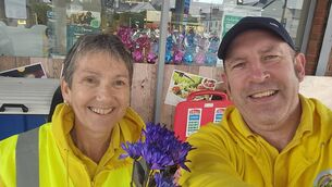 <p>Jason and Rita in Centra in Bagenalstown during Random Act of Kindness Day </p>