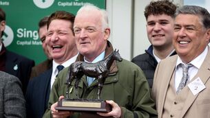 <p>Willie Mullins celebrates winning the Singer Arkle Challenge Trophy Novices' Chase at the 2026 Cheltenham Festival, England. Photo: INPHO/Tom Maher.</p>