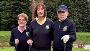 <p>Baltinglass Golf Club's Ladies Captain Kate Pryce, President Orla O’hEocha, and Men's Captain Pat Flynn at their ceremonial Drive-in.</p>