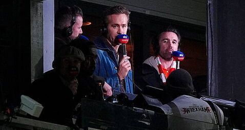 Ryan Reynolds and Rob Mac cheer on Wrexham from Sky Sports commentary box