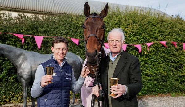 Cheltenham Gold Cup Winning jockey Paul Townend with winning horse Gaelic Warrior and winning trainer Willie Mullins Photo ©INPHO/Laszlo Geczo