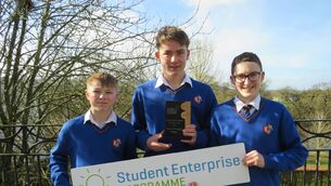<p>Junior winners: Joe Langrel, Matthew O'Sullivan and Lee Cullen from Coláiste Eoin, Hacketstown</p>